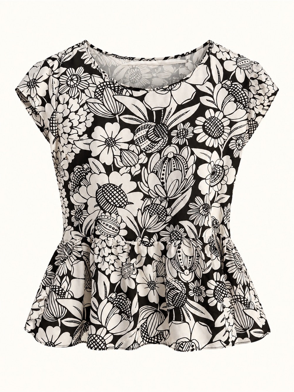 Ann Taylor Factory XL Black & Ivory Floral Peplum Blouse